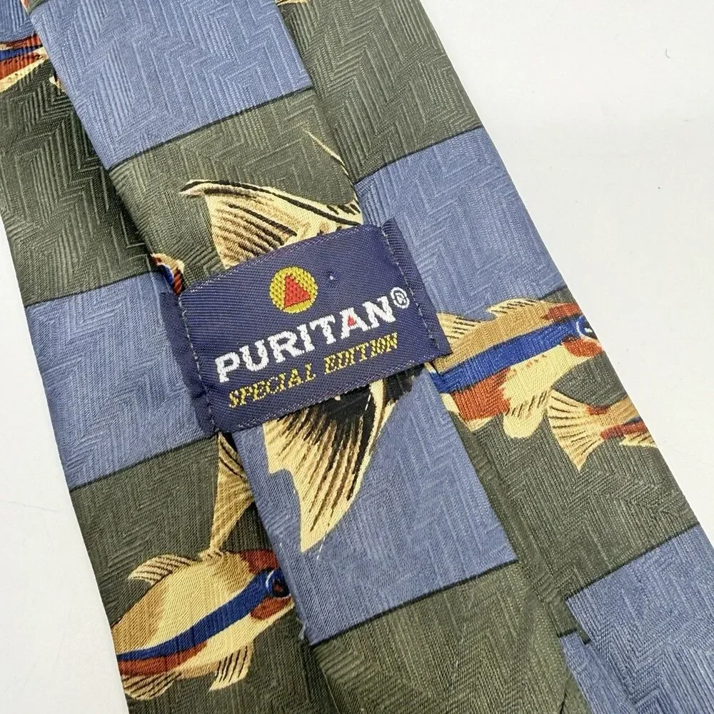 Puritan Special Edition Blue Green Brown Fish Print Polyester Neck Tie